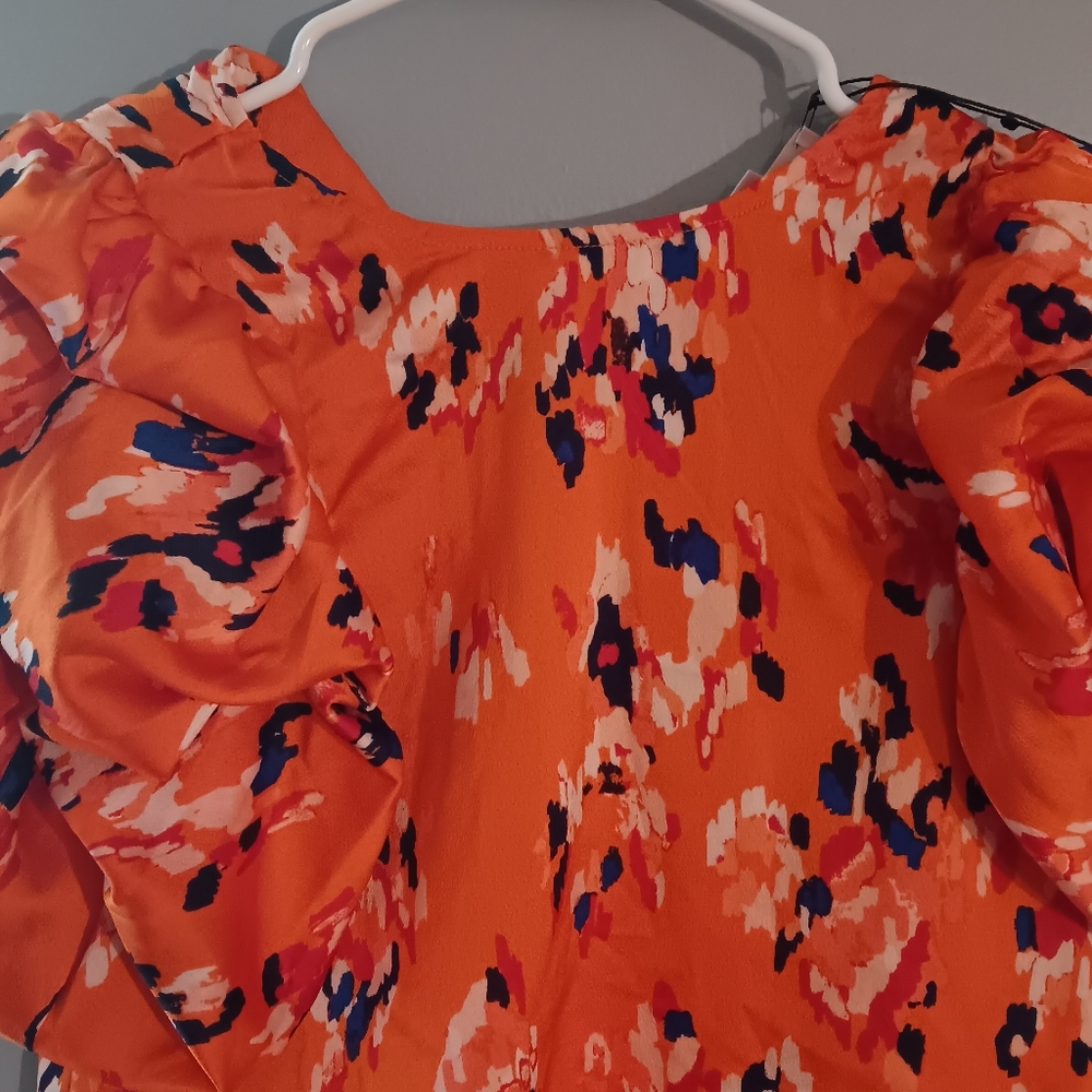 Floral Ruffle Sleeve Top - Orange Thlm
